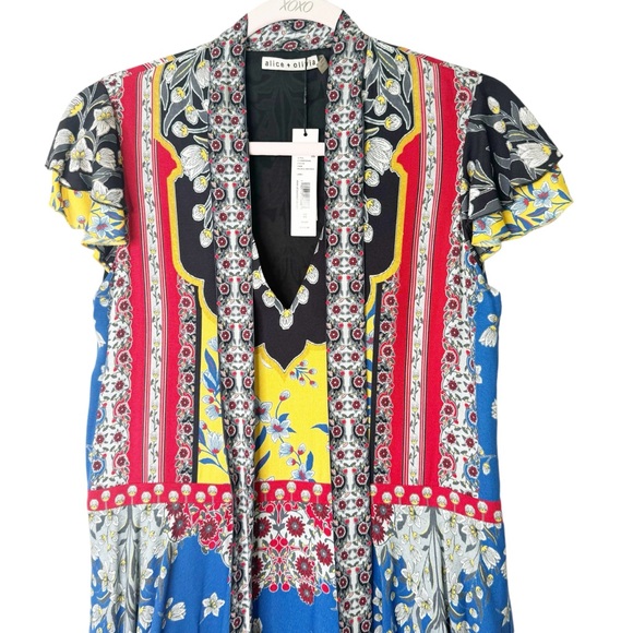 NWT Alice + Olivia Moore Floral Tie-Neck Layered Flutter Sleeve Tunic Dress XS - Picture 6 of 9